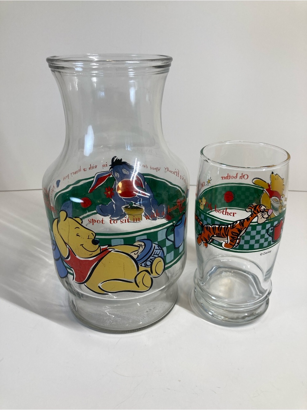 Vintage Disney Winnie The Pooh & Eeyore Glass Vase Juice Carafe With Cup Anchor